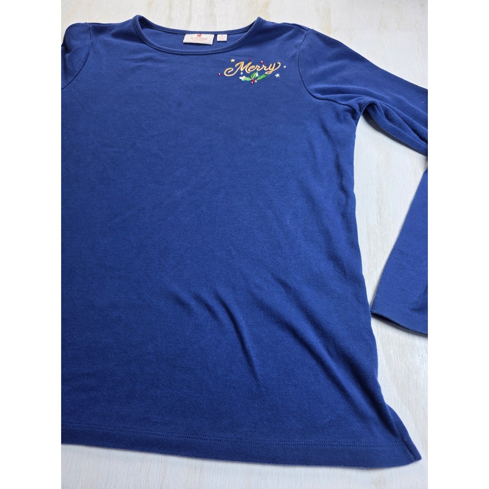 Quacker Factory Merry Christmas Embroidered Blue Long Sleeve Top Medium Holiday